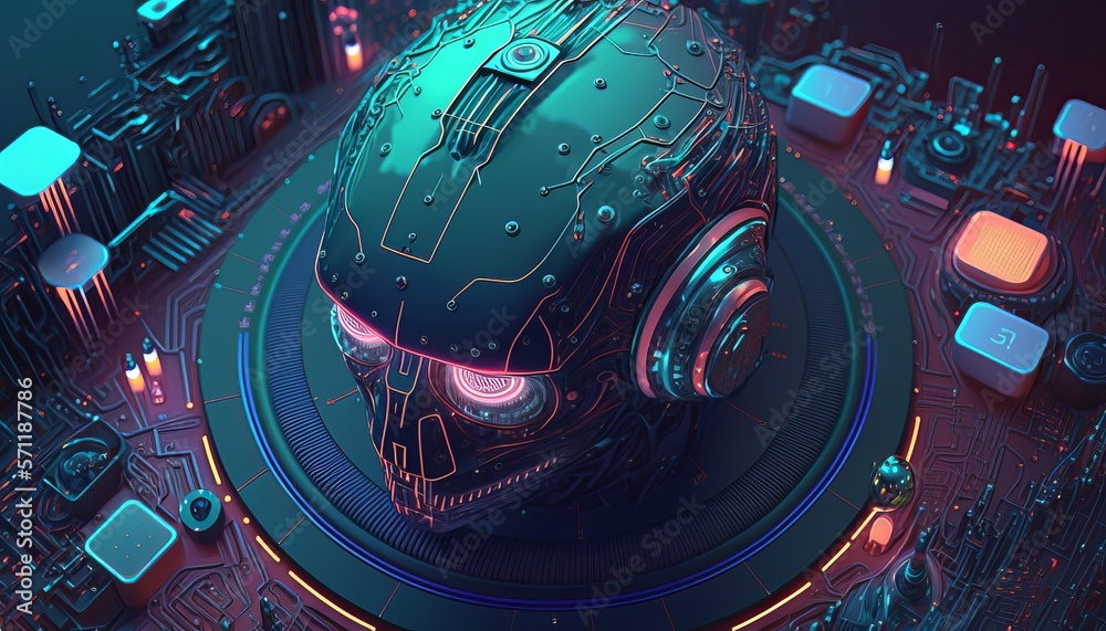 Poster Artificial cyber robot head background. Futuristic technology robotic machine. Generative AI technology.