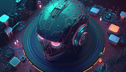 Artificial cyber robot head background. Futuristic technology robotic machine. Generative AI technology.