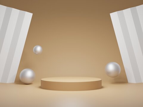 Product presentation on yellow and white pastel background. 3D Minimal yellow podium display. 3D Rendering. white ball.