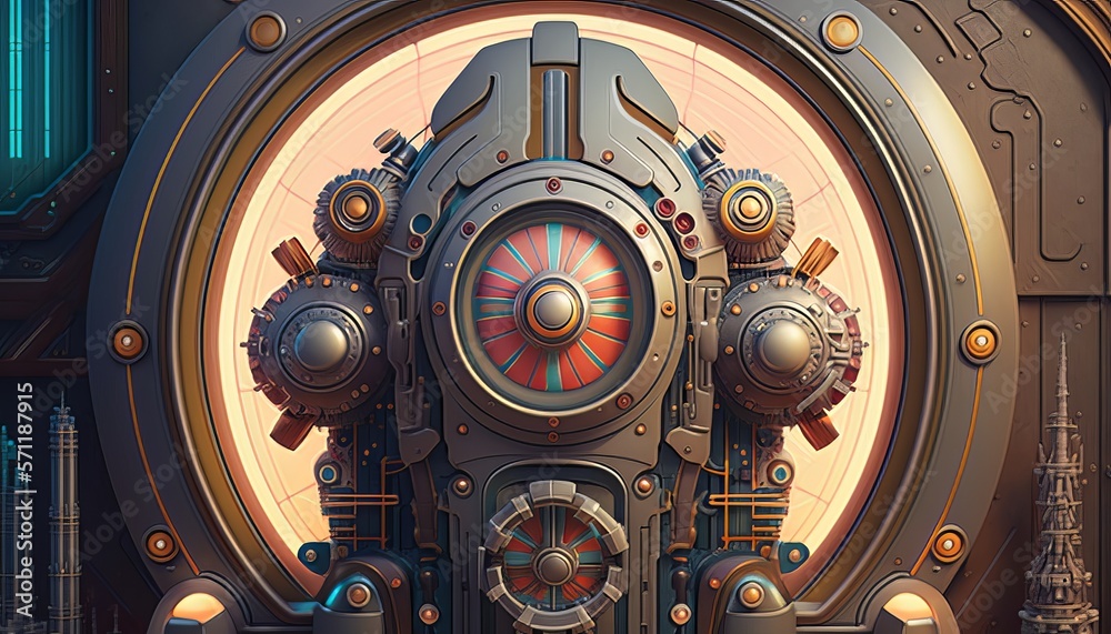 Poster Vintage robotic machine background. Technology sci-fi system. Generative AI technology.