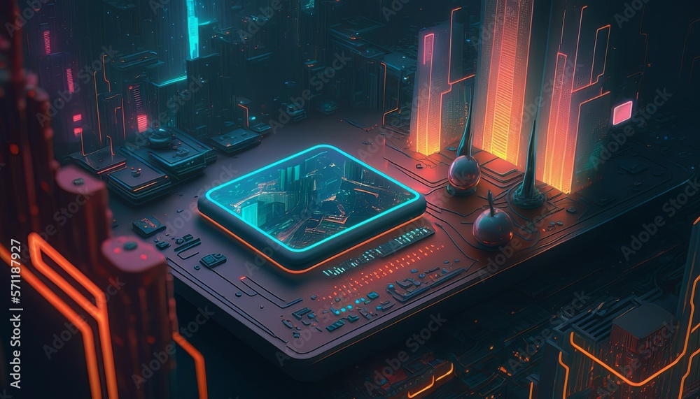 Poster Artificial intelligence circuit chip background. Technology device machine network. Generative AI technology.