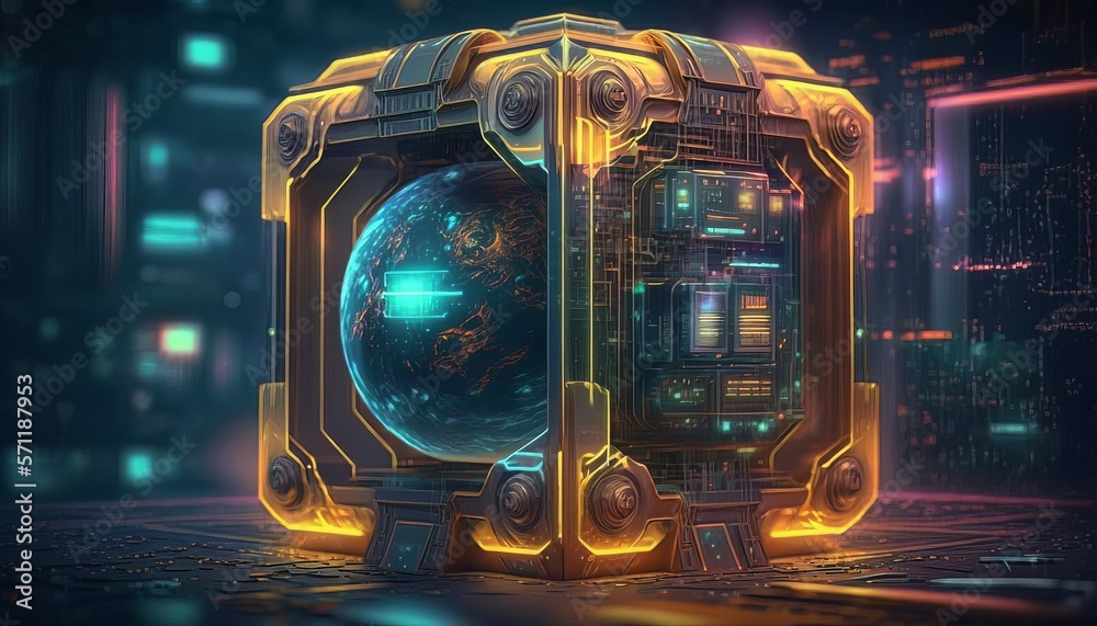 Poster Artificial intelligence cube machine technology background. Generative AI technology.