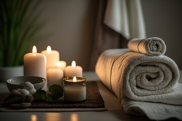 Spa items set in the evening decor, candles, romance