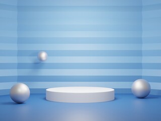 Product presentation on blue pastel background. 3D Minimal white podium display. 3D Rendering. white ball.