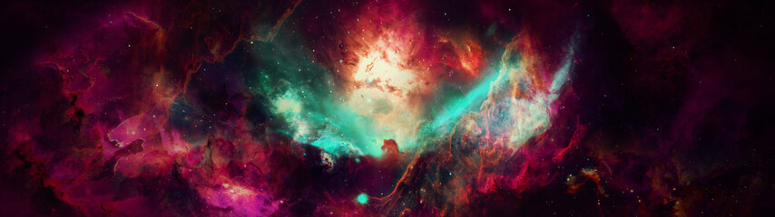 Glowing vibrant huge nebula with stars. Space background, 3d illustration widescreen