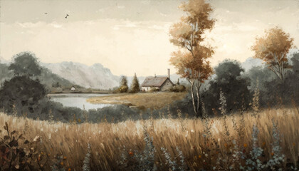 Vintage Countryside Landscape With Trees, Shrubbery, and Nature. Rivers and Lakes, Old Country Houses, Oil and Watercolor - Generative AI