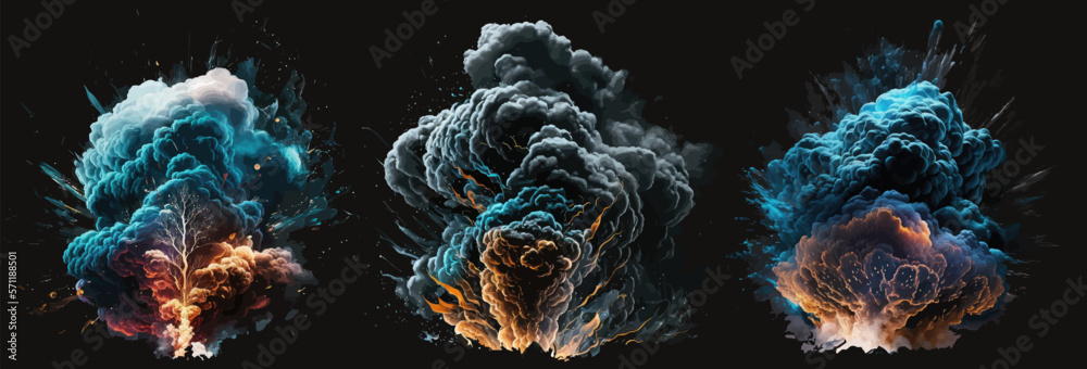 Aufkleber set magic explosion, game bomb boom effect with colorful clouds. isolated smoke cumulus elements of 