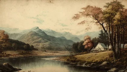  Vintage Countryside Landscape With Trees, Shrubbery, and Nature. Rivers and Lakes, Old Country Houses, Oil and Watercolor - Generative AI © AnArtificialWonder