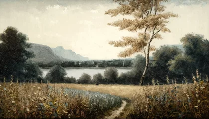Draagtas Vintage Countryside Landscape With Trees, Shrubbery, and Nature. Rivers and Lakes, Old Country Houses, Oil and Watercolor - Generative AI © AnArtificialWonder