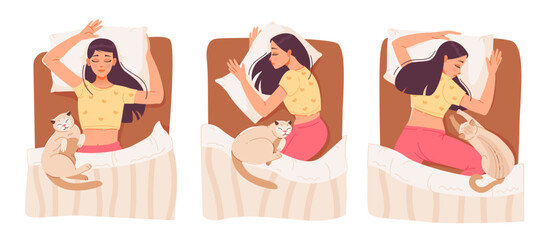 Woman sleep. A set of vector illustrations with a sleeping woman in different poses and her pet. Relaxing in the bedroom.