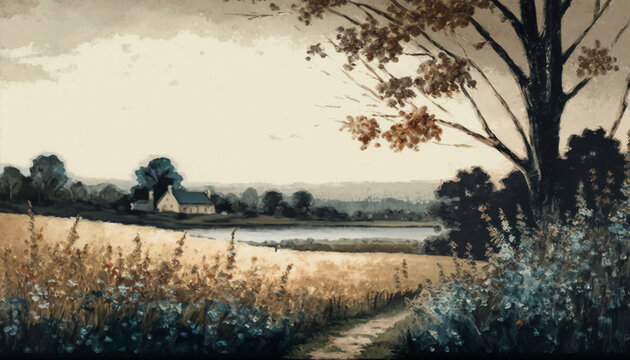 Vintage Countryside Landscape With Trees, Shrubbery, and Nature. Rivers and Lakes, Old Country Houses, Oil and Watercolor - Generative AI