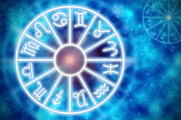 Zodiac symbol circle  on white line on dark background.