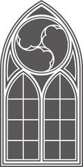 Gothic church window. Architecture arch with glass. Old castle and cathedral frame. Medieval stained interior design. Vintage illustration