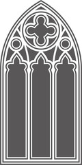 Gothic church window. Architecture arch with glass. Old castle and cathedral frame. Medieval stained interior design. Vintage illustration