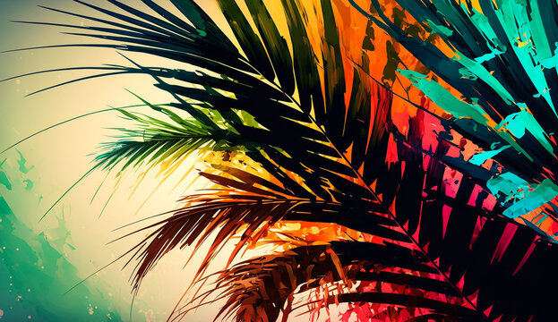 Abstract art. Colorful painting art of palm tree leaves. Palm Sunday concept. Christian illustration. Generative AI.