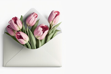 A bouquet of pink tulips and a white greeting envelope on a light background. Generative AI, generative artificial intelligence
