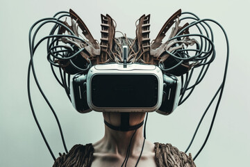 Futuristic robot wearing a VR headset, immersed in a virtual world with wires connecting the headset to its body. Ai generated