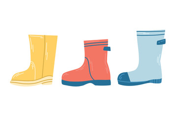 A set of multi-coloured rubber boots for wet weather in flat style, one each.