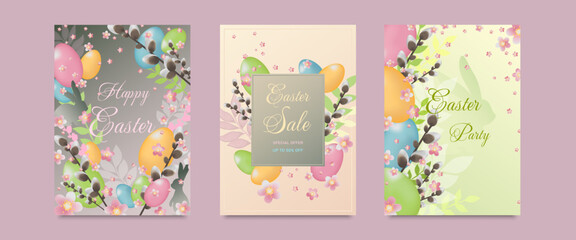 Happy easter, sale, party invitation, spring flowers, willow, bunnies, easter eggs. Set of templates for the design of postcards, flyers, posters.