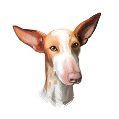 Podenco Canario dog portrait isolated on white. Digital art illustration of hand drawn for web, t-shirt print and puppy food cover design, clipart. Canary Islands Warren Hound, Canarian Warren Hound.
