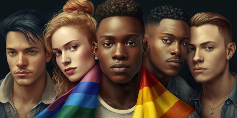 Generative AI image of diverse group of young friends celebrating gay pride festival - multiracial LGBTQ community concept - obrazy, fototapety, plakaty
