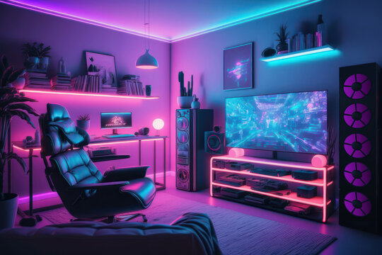 Interior of colorful modern gaming room with neon light. Playing videogames, watching movies, hobby, entertainment and gaming concept.