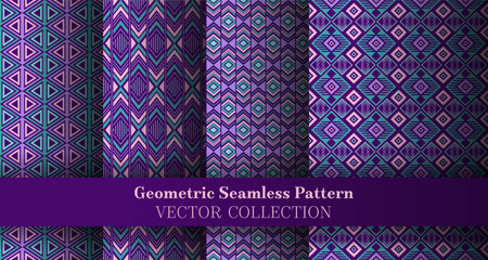 Vintage geometrical argyle seamless ornament set. Indian tracery ethnic patterns. Argyle ikat geometric vector repeating backdrop bundle. Cover background prints.