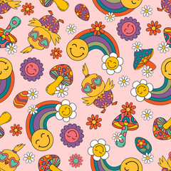 seamless pattern with easter chicken, rainbow, mushrooms, flowers