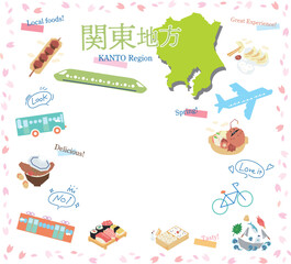 日本の関東地方の春のグルメ観光のアイコンのセット（フラット）