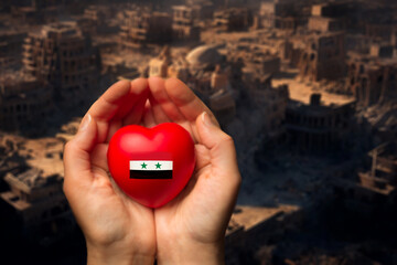 female hands hold and giving red heart in the form of a Syria flag, support concept
