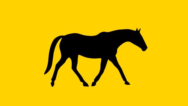 Silhouette of the trotting horse, animation on the yellow background (seamless loop)