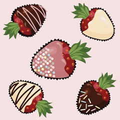 Ripe strawberries in chocolate glaze. fondue dessert. Seamless pattern. Vector illustration.