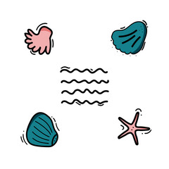 Sea shell doodle illustration. Hand drawn starfish and waves. Vector collection of various sea shell in outline hand drawn.