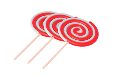 Row of lollipops on stick isolated on white background. Striped twisted candy. 3d render