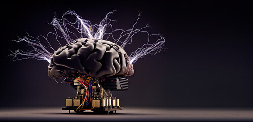 A dramatic, high-speed capture of a robot brain in action, as electrical impulses race across its circuits at lightning speed Generative AI