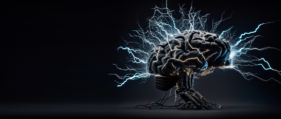 A dramatic, high-speed capture of a robot brain in action, as electrical impulses race across its circuits at lightning speed Generative AI