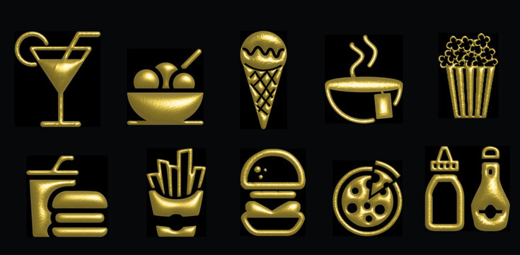 3d Golden food icon, 3d metallic food symbol, 3d food golden logo