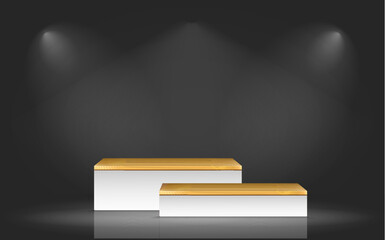 Modern white with wood cap podium. Abstract vector rendering 3d shape for advertising product display. Minimal scene studio room with lighting.