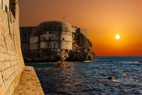 Old city walls in Dubrovnik at sunset, Croatia