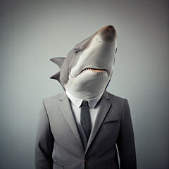 Portrait of a shark dressed in a business suit in a studio photo. Generative AI. 