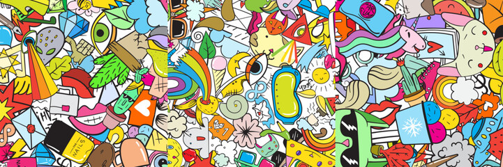 Obraz premium Set of Three Random Elements Background including Flower, Heart, Crown, Cloud, Lips, Mail, Diamond, Eyes. Hand Drawn. Cute Fashionable Patches. Wallpaper.
