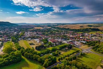 Fototapeta na wymiar Houses in the city of Bleicherode, Germany. View from the top of german little city in spring day.