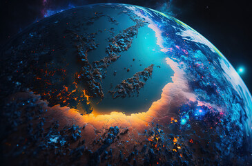 Obraz na płótnie Canvas Earth view from space, galaxy, cyberpunk era, bright colors, network technology. Generative AI.