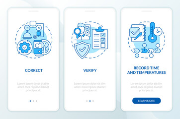 HACCP in work blue onboarding mobile app screen. Food control walkthrough 3 steps editable graphic instructions with linear concepts. UI, UX, GUI template. Myriad Pro-Bold, Regular fonts used