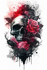 Foto op Plexiglas Aquarel doodshoofd Pink Roses Watercolor Skull - Generative AI