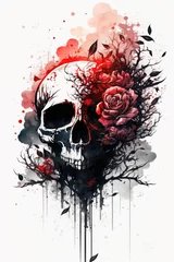 Printed roller blinds Aquarel Skull Rose Skull Watercolor Tattoo Design - Generative AI