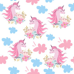 Cute unicorn head with flowers and clouds in boho style. Vector illustration seamless pattern. Scandinavian design for t-shirt, nursery art