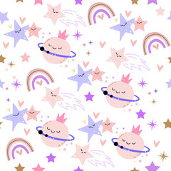 Funny planet, rainbow and cute stars seamless pattern. Vector. Design for packaging, clothing, t-shirts. Starry sky