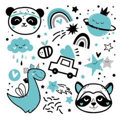 Funny set with animal heads in boho style for boy. T-shirt design, nursery decoration. Vector illustration black, white and blue