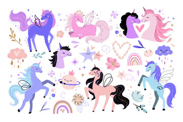 Big set of cute unicorns, flowers, moon and stars. Vector cartoon illustration. T-shirt design for children